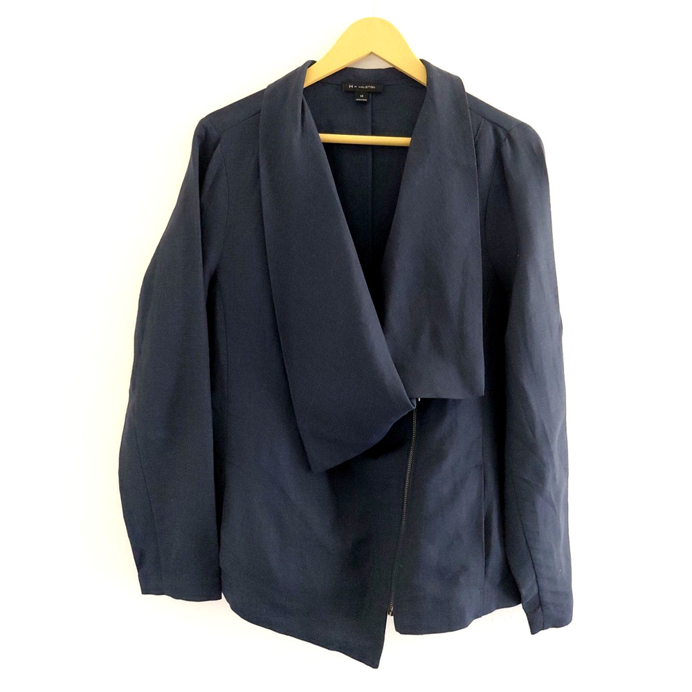 H Halston Blazer Womens 14 Navy Blue Linen Asymmetric Top Lagenlook Minimalist
